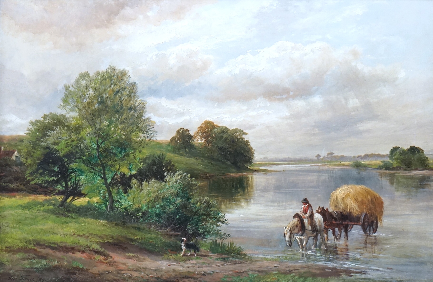 George Turner (1841-1910), oil on canvas, Riverscape with a horse and cart, signed and dated '86, 49 x 75cm, ornate gilt frame
